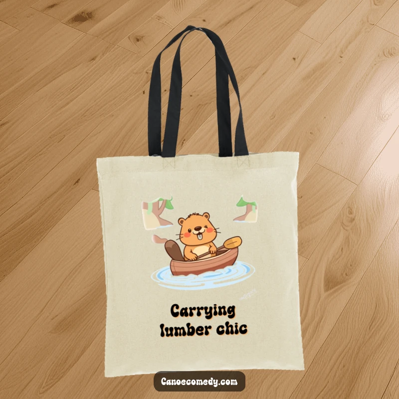 Funny tote bag with a happy cartoon beaver pushing a canoe, perfect for daily use, carrying a message of diligence and fun, a funny gift.