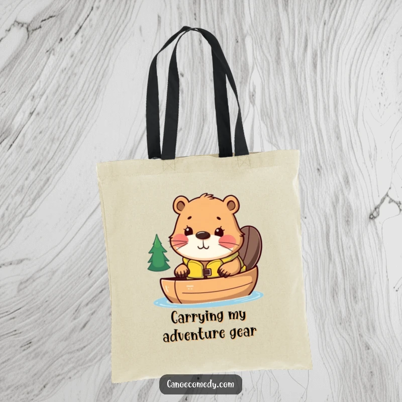 Funny tote bag with a curious kawaii beaver in a life jacket, ready to canoe, perfect for humorous, practical everyday use.