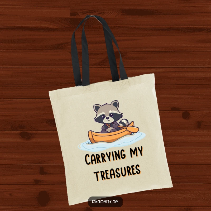 Funny kawaii raccoon in a canoe, navigating gentle waves, cute tote bag, gift for explorers.