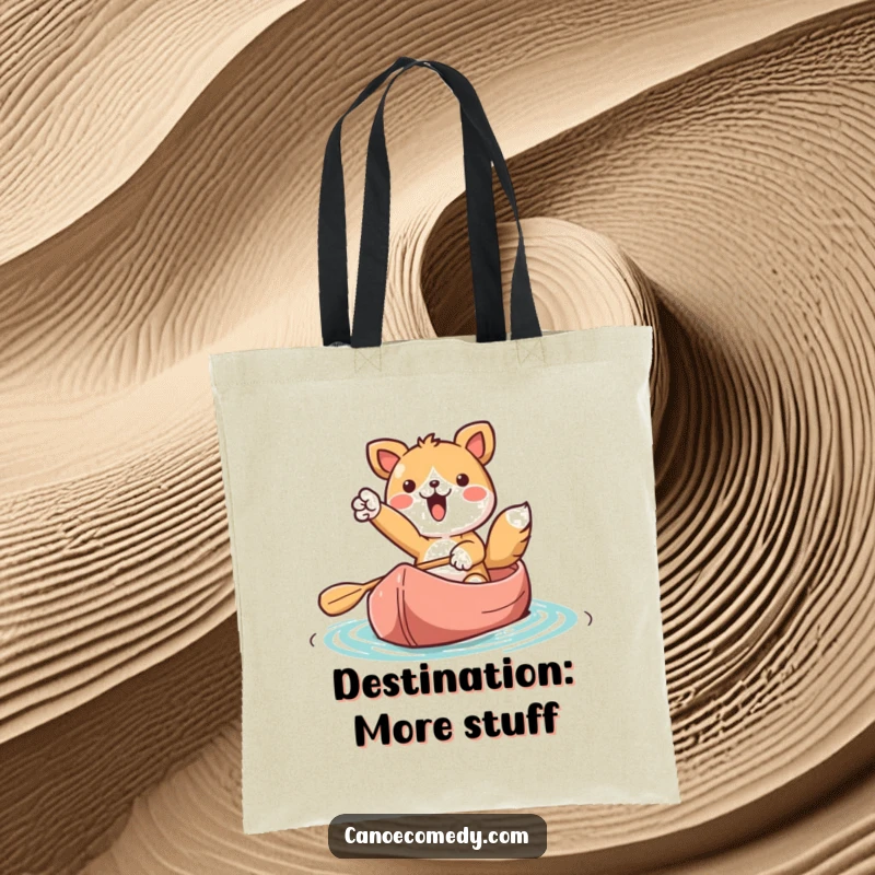 Funny Kawaii animal character in a canoe, energetically pointing forward, printed on a functional tote bag.
