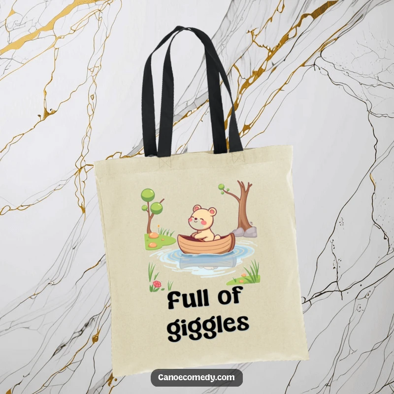 Funny tote bag with a giggling animal enjoying a canoe drift down a calm stream, symbolizing carefree bliss.