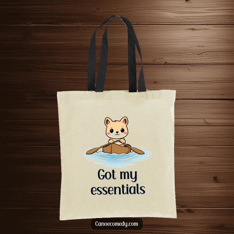 Funny tote bag with a determined animal navigating a canoe through gentle waves, symbolizing perseverance and a spirit of adventure.