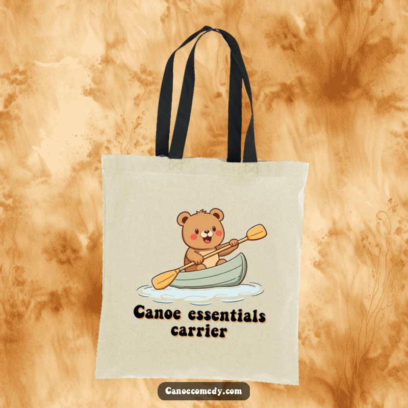 Funny tote bag depicting a cartoon bear paddling a canoe with infectious excitement, perfect for carrying groceries or gear, a funny gift.