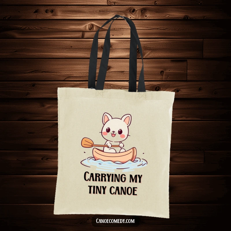 Funny Kawaii animal character paddling a tiny canoe with great enthusiasm, a practical and humorous tote bag for daily use.