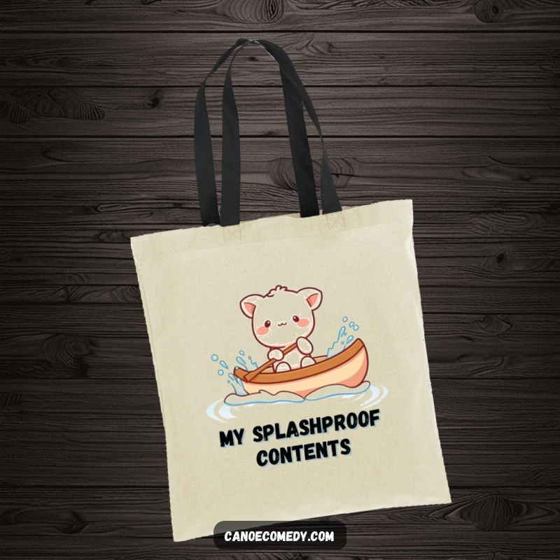 Funny Kawaii animal character playfully splashing water from a canoe, a humorous and practical tote bag for carrying essentials.