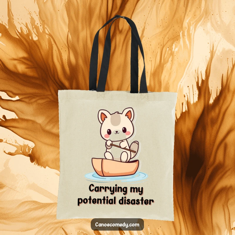 Funny Kawaii animal character in a small canoe, almost tipping over, printed on a tote bag for a humorous touch.