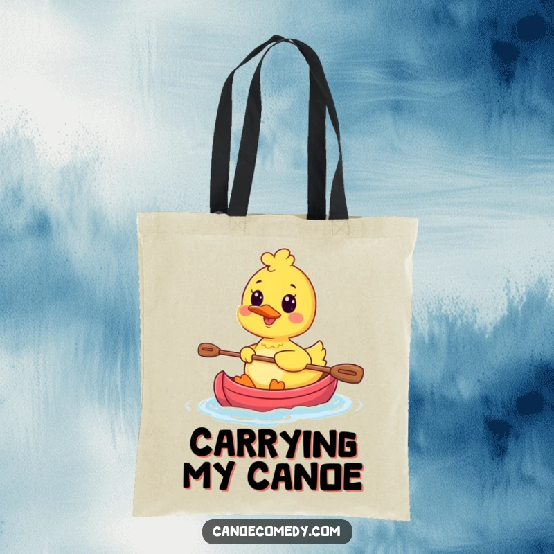 Funny Kawaii Duck Canoe Tote Bag showing a happy duck character paddling a small canoe, perfect for carrying daily items with joy.