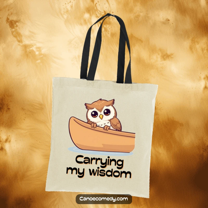 Funny curious owl peeking over the edge of a canoe on a tote bag, highlighting gentle curiosity.
