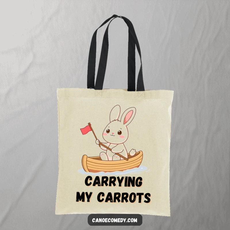 Funny cheerful rabbit in a canoe waving a small flag, a charming and humorous tote bag perfect for carrying daily items with a smile.