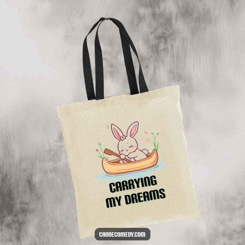 Funny tote bag with a snoozing cartoon rabbit in a canoe, perfect for carrying daily items with a peaceful vibe, a funny gift.