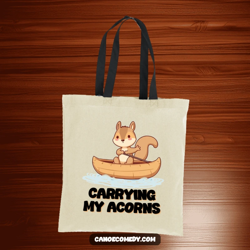 Funny squirrel depicted balancing in a wobbly canoe, ideal for a humorous tote bag that's a great funny gift.