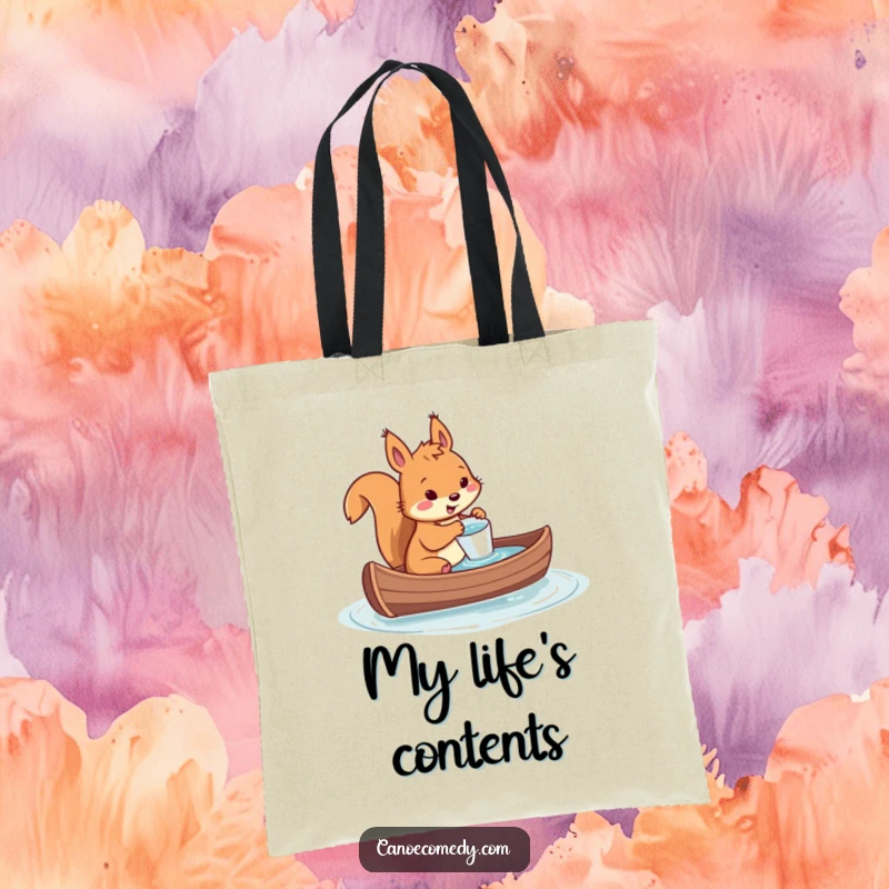 Funny tote bag with a squirrel using a tiny cup to bail water from a sinking canoe, great for carrying essentials with humor.
