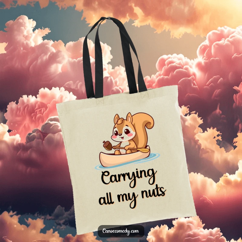 Funny squirrel holding an acorn in a canoe, excited tote bag, cute animal accessory, gift for collectors.