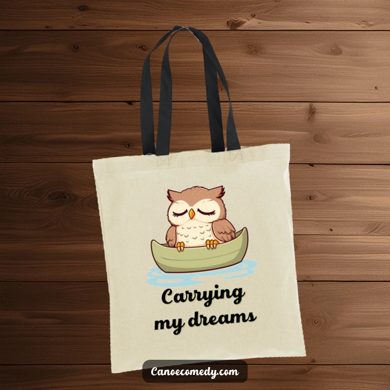 Funny owl tote bag, peacefully dozing in a canoe with a relaxed expression, a symbol of tranquil comfort.