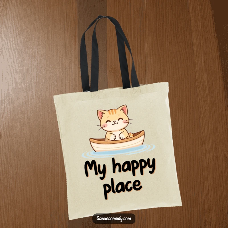 Funny Cat Floating Canoe Tote Bag, showing a happy cat floating peacefully in a tiny canoe, perfect for errands.