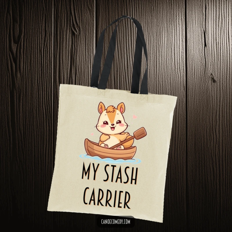 Funny Kawaii Squirrel Tote Bag: Giggling squirrel waves from a nutshell canoe, perfect for everyday errands.