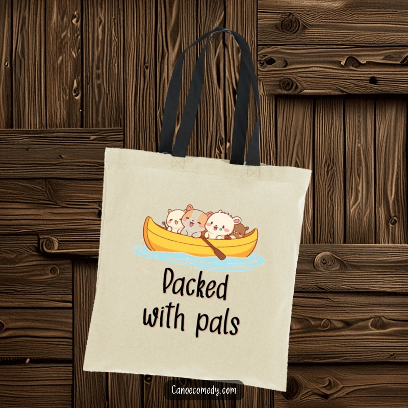 Funny illustration of a bright canoe brimming with small, jovial animals sharing hilarious secrets and giggling.