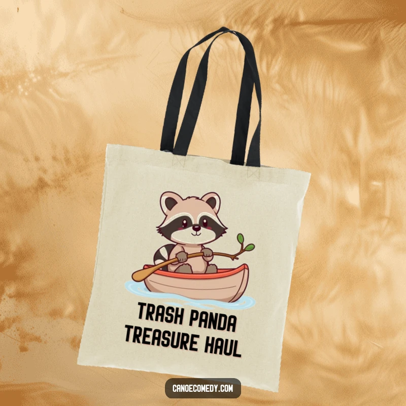 Funny Kawaii raccoon in a canoe, steering with a twig, a practical and humorous tote bag.